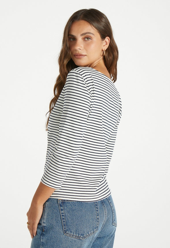 Slim Long Sleeve Boat Neck Tee White/ Navy Stripe