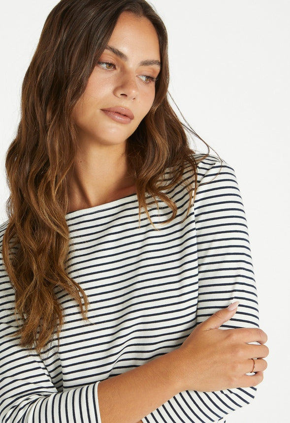 Slim Long Sleeve Boat Neck Tee White/ Navy Stripe