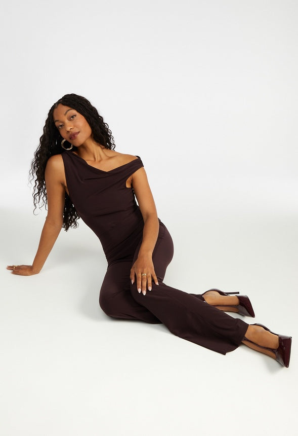 Draped Off Asymmetrical Top Chocolate Plum