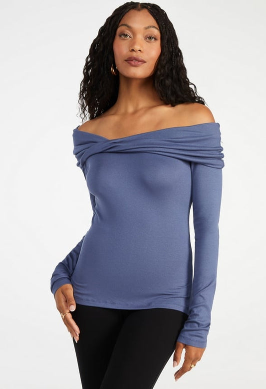 Twist Off The Shoulder Top Vintage Indigo