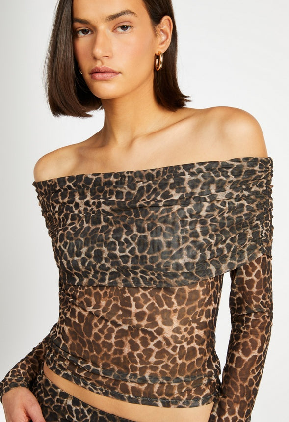 Mesh Off Shoulder Long Sleeve Top Leopard Print