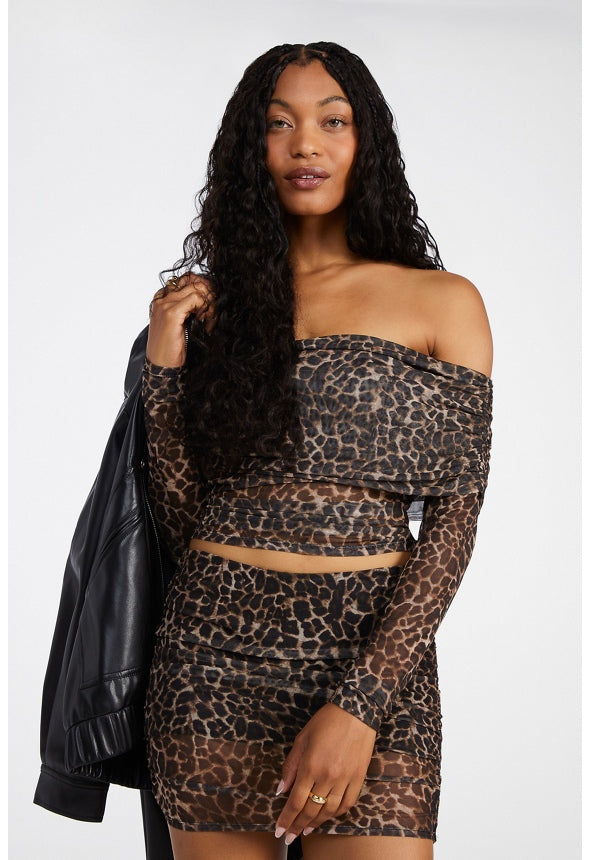 Mesh Off Shoulder Long Sleeve Top Leopard Print