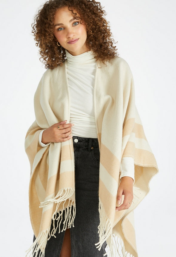 Striped Edge Ruana Birch White/ Light Tan