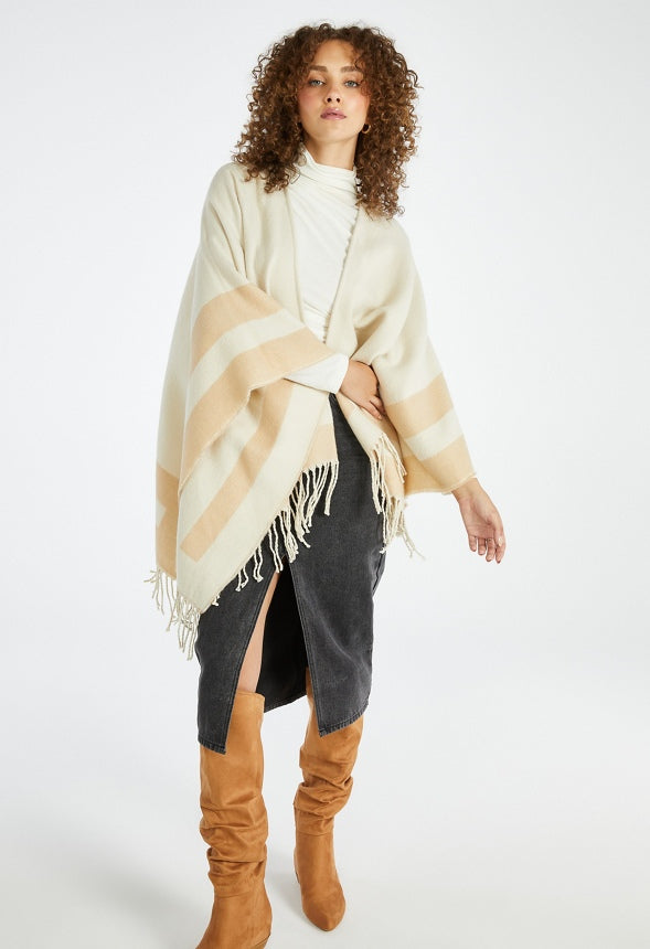 Striped Edge Ruana Birch White/ Light Tan