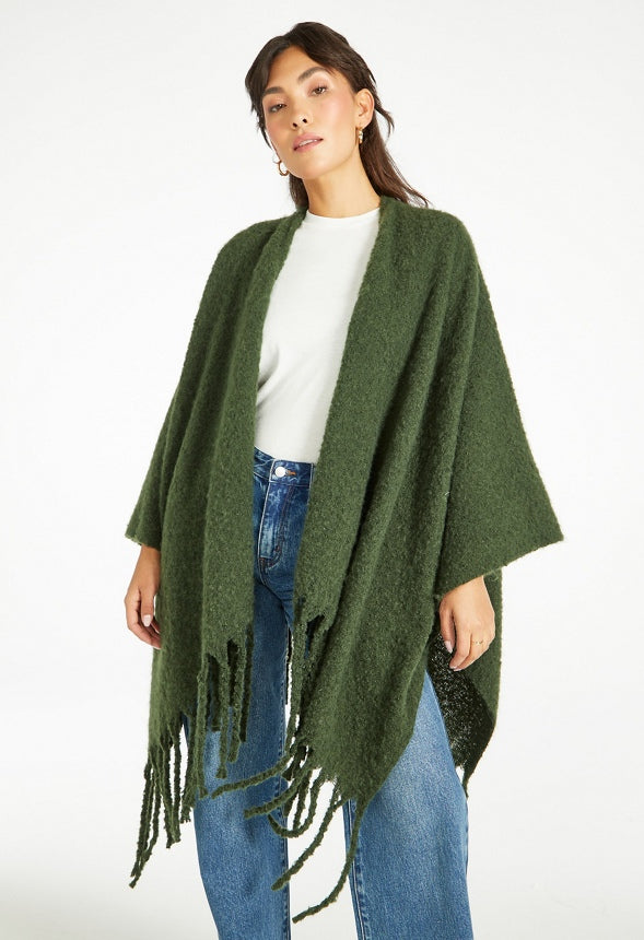 Fuzzy Ruana With Fringe Hem Kombu Green