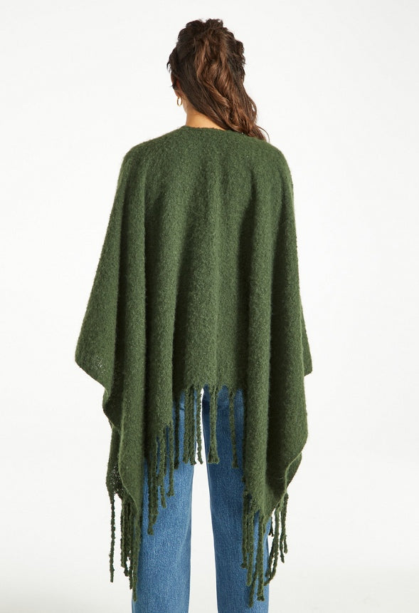 Fuzzy Ruana With Fringe Hem Kombu Green