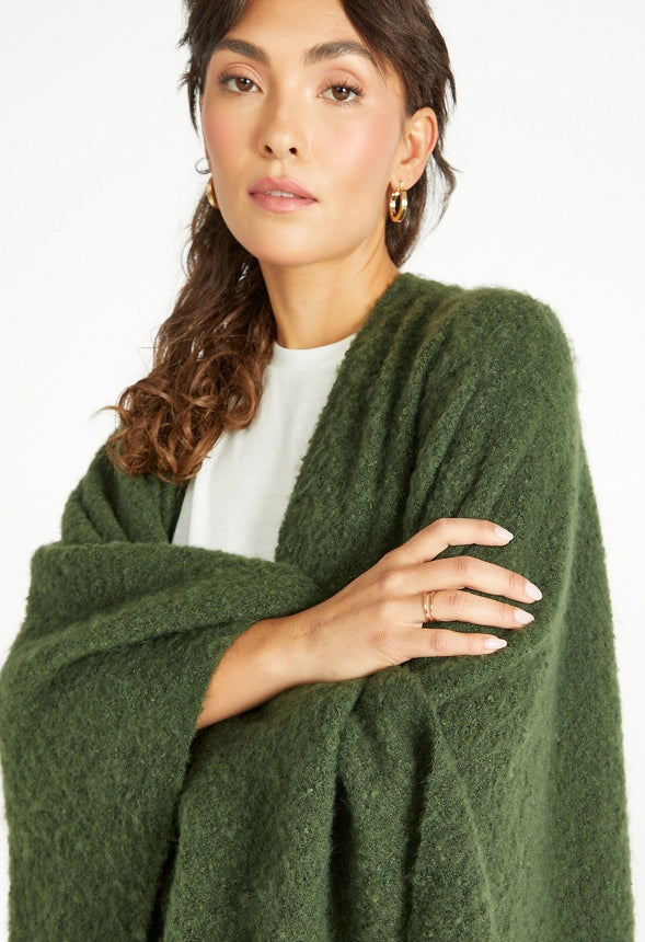 Fuzzy Ruana With Fringe Hem Kombu Green