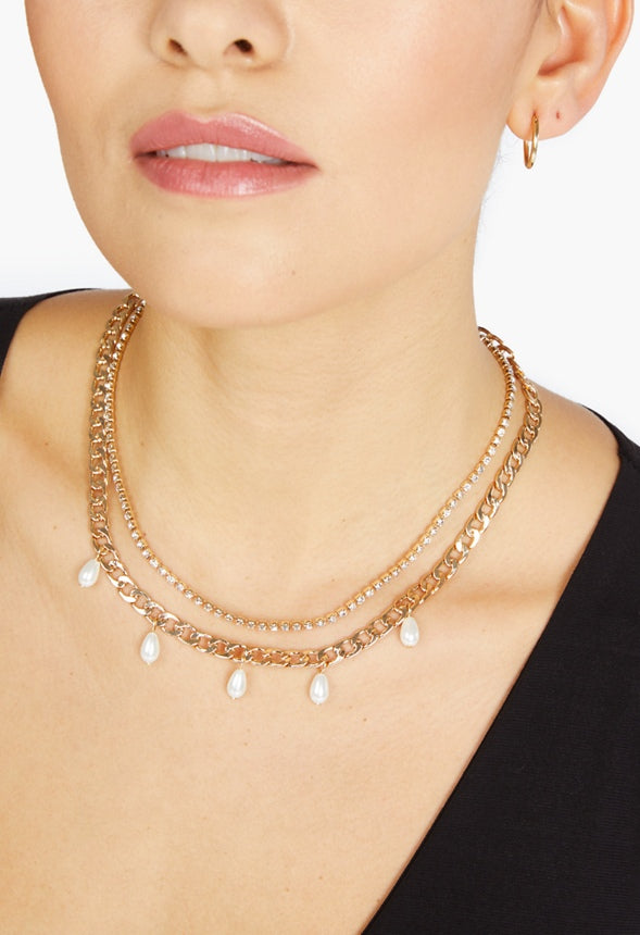 Luna Layered Chain Necklace With Pearl Drops Gold