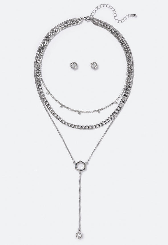 Gemma Layered Ring Necklace Set Silver
