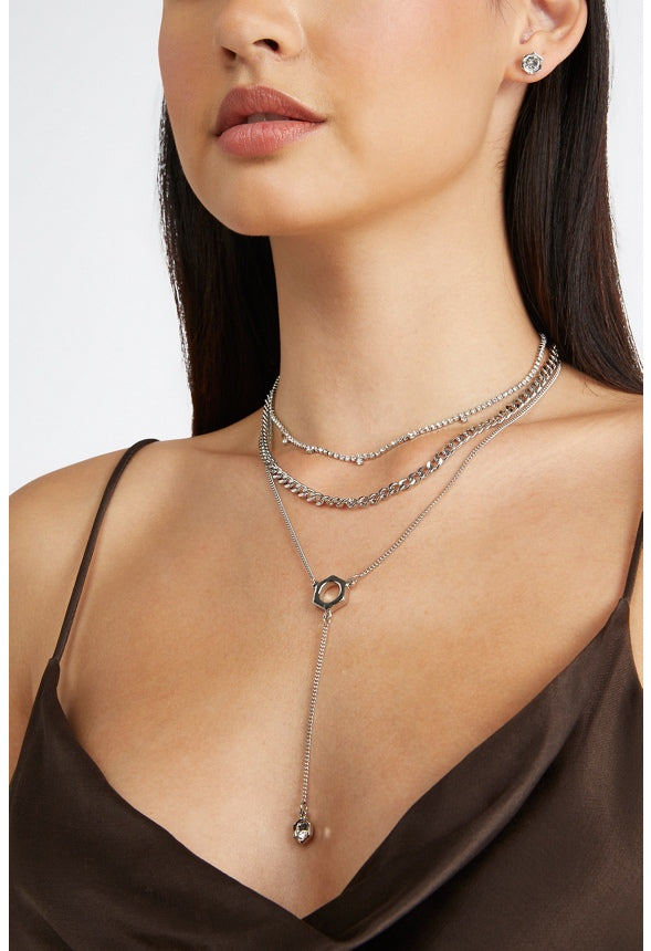 Gemma Layered Ring Necklace Set Silver