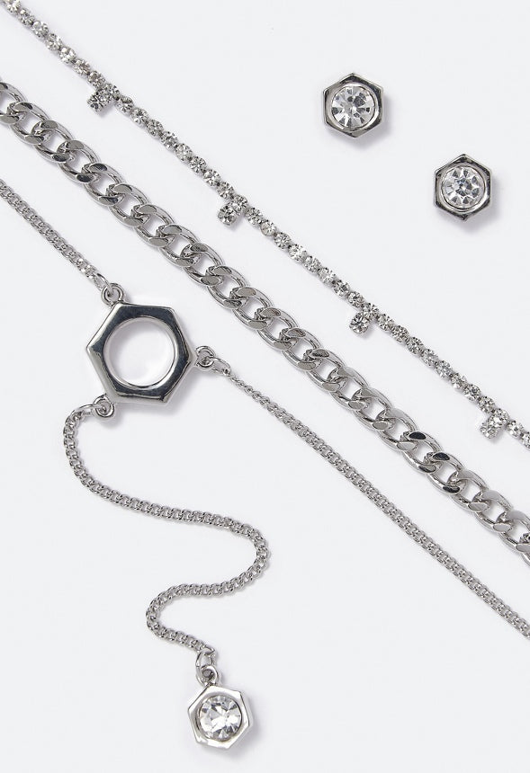 Gemma Layered Ring Necklace Set Silver