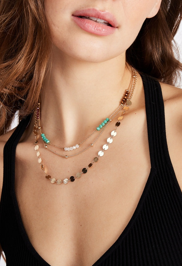 Skyla Beads and Chain Layered Necklace Pink/Teal/Gold