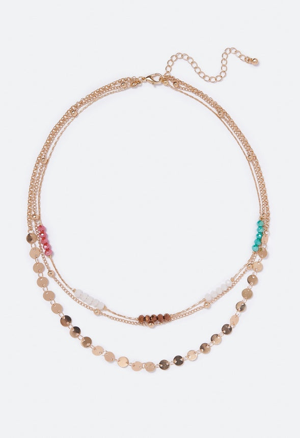 Skyla Beads and Chain Layered Necklace Pink/Teal/Gold