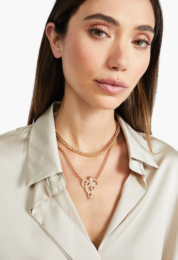 Kiana Rhinestone Snake Double Chain Necklace Crystal/Gold