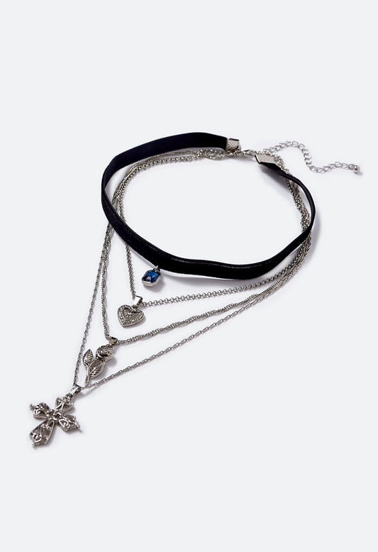 Ramona Charms Layer Necklace  Black/Silver