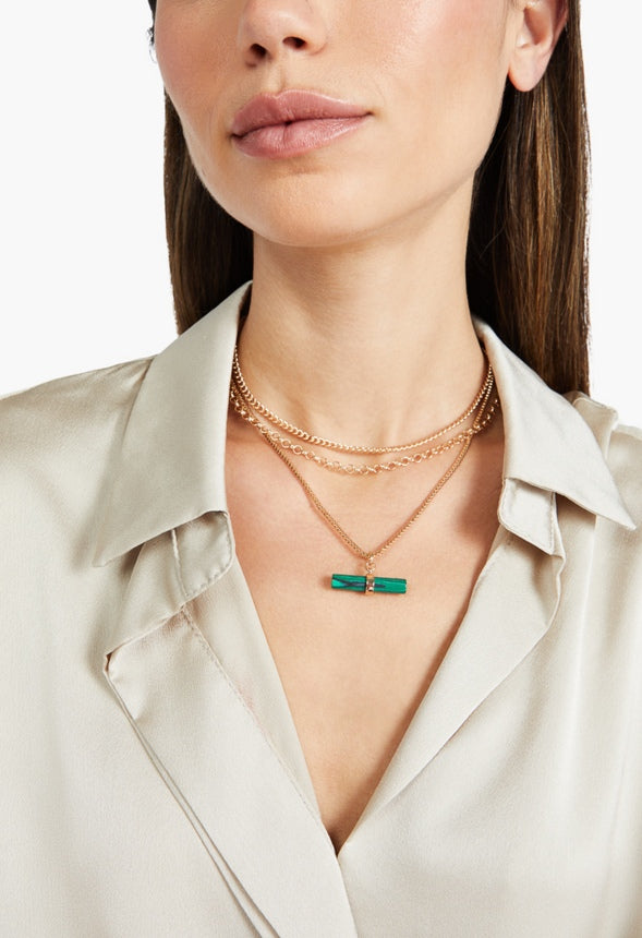 Kylie Malachite Charm Layer Necklace Green/Gold