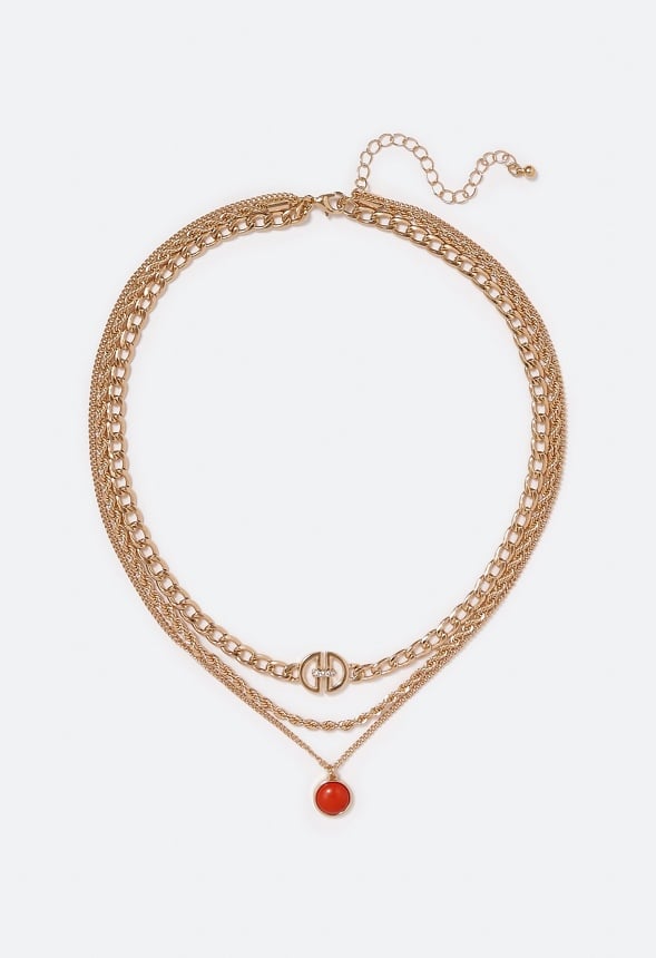 Arianna Semi Precious Drop Layered Necklace Rust/Gold