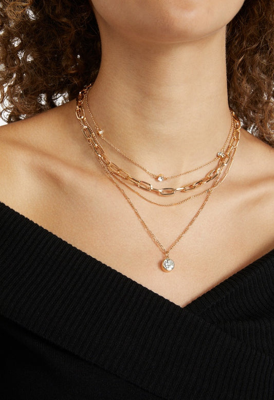 Annie Layer Chain Necklace with Glass Pendant Crystal/Gold