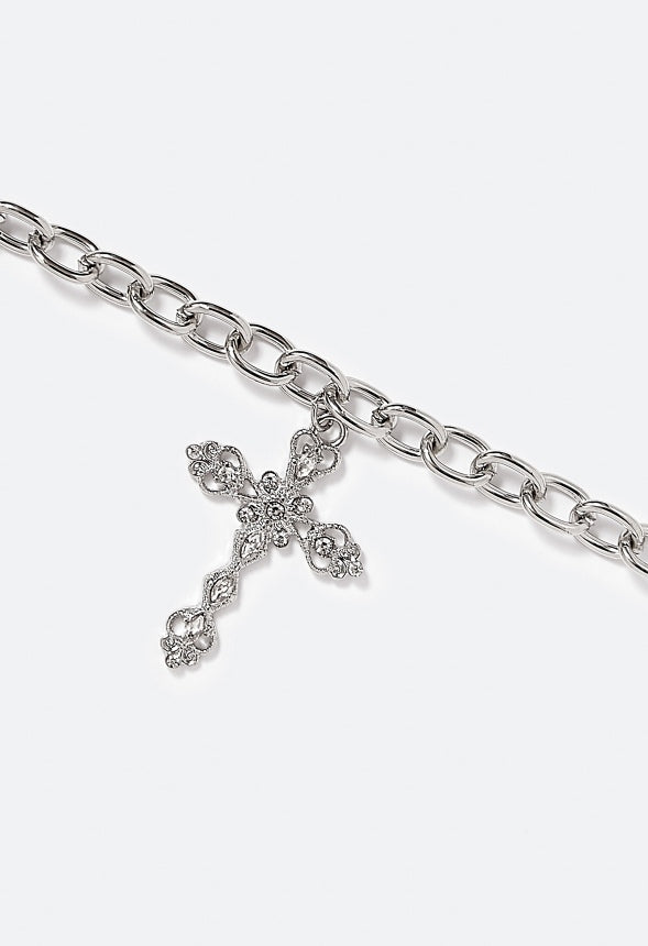 Poppy Filigree Cross Chain Necklace Crystal/Silver