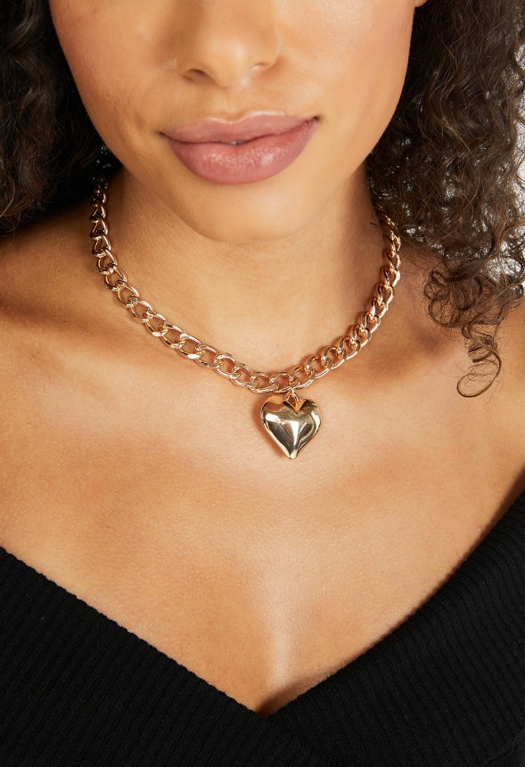 Vada Chain And Puff Heart Necklace Gold