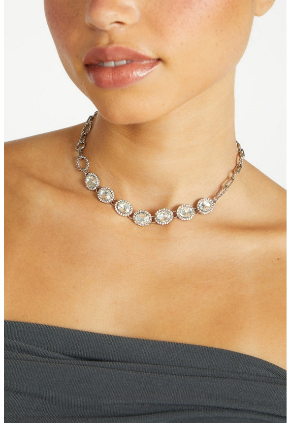 Luella Oval Glass Stones Necklace Silver