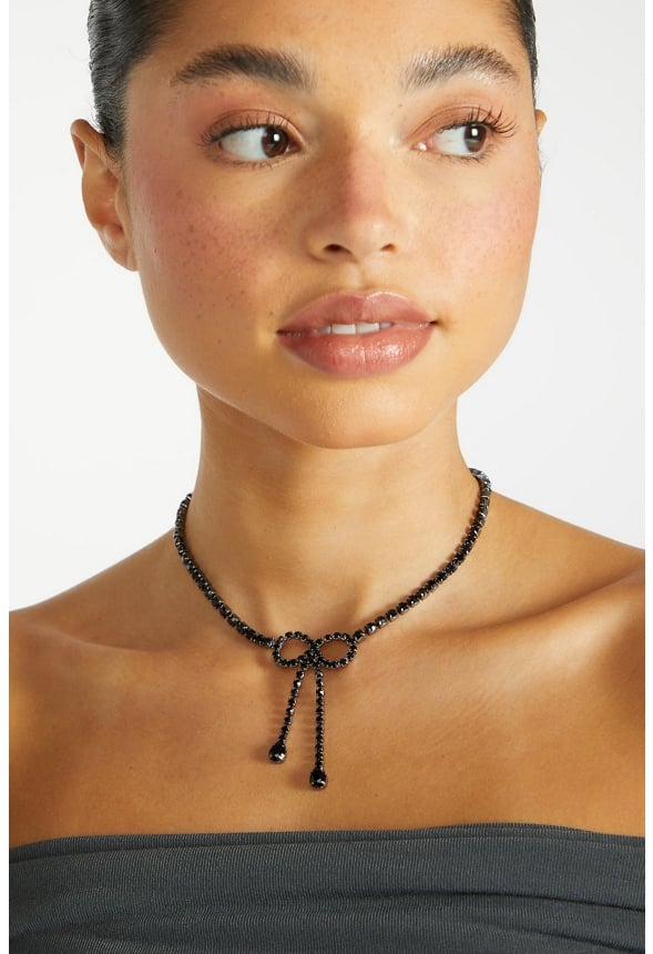Birdie Glass Stone & Teardrop Bow Choker  Jet/ Gunmetal