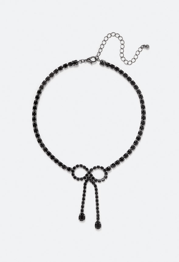 Birdie Glass Stone & Teardrop Bow Choker  Jet/ Gunmetal