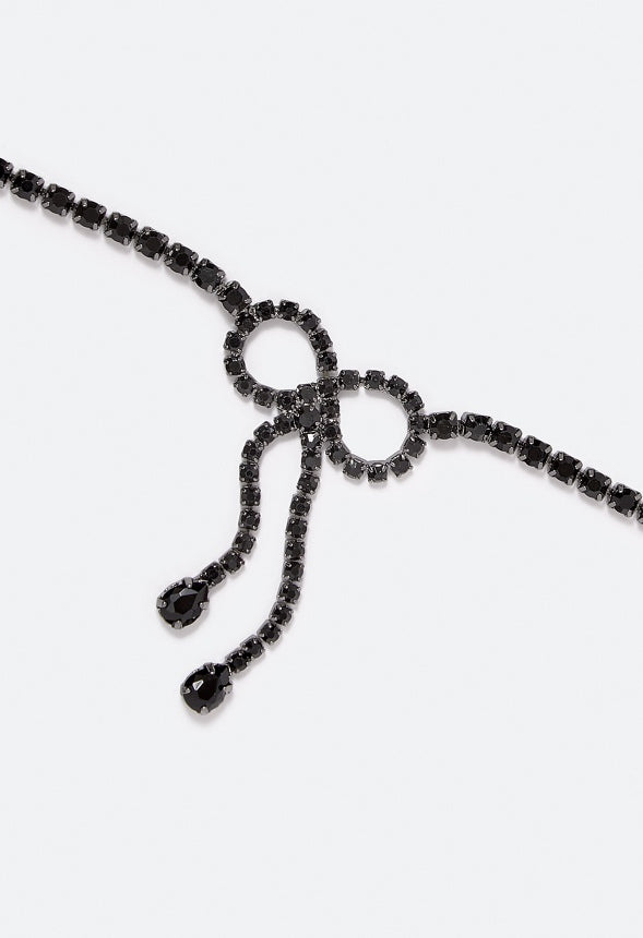 Birdie Glass Stone & Teardrop Bow Choker  Jet/ Gunmetal