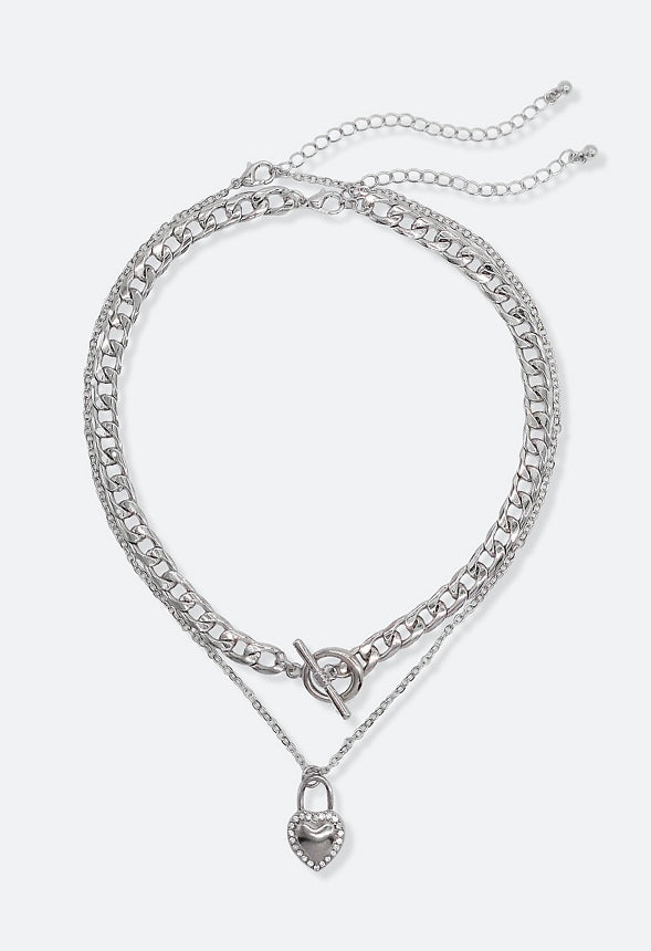 2-Rows Veda Rhinestone Heart And T-Bar Necklace Crystal/ Silver