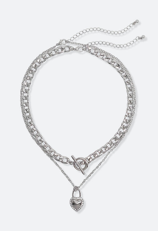 2-Rows Veda Rhinestone Heart And T-Bar Necklace Crystal/ Silver
