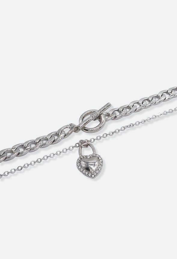 2-Rows Veda Rhinestone Heart And T-Bar Necklace Crystal/ Silver