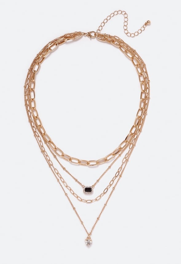 4-Rows Kairi Glass Stones Layer Necklace Jet/ Crystal/ Gold