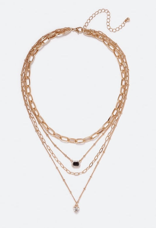 4-Rows Kairi Glass Stones Layer Necklace Jet/ Crystal/ Gold