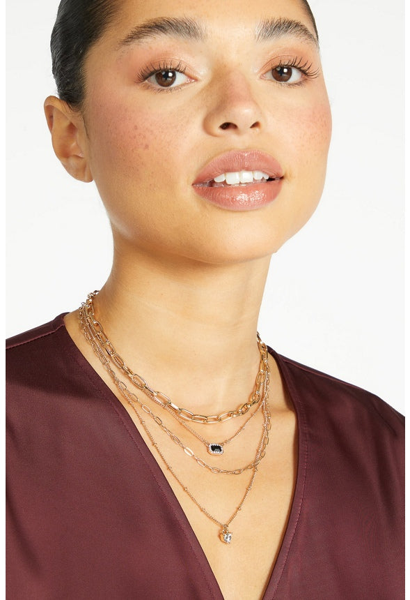 4-Rows Kairi Glass Stones Layer Necklace Jet/ Crystal/ Gold