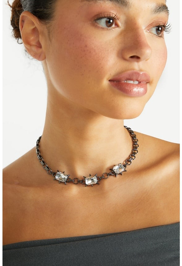 Nora Glass Stones And Chain Necklace Crystal/ Gunmetal