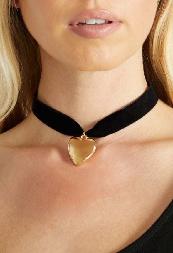 Myra Velvet Choker With Smooth Heart Gold/ Black