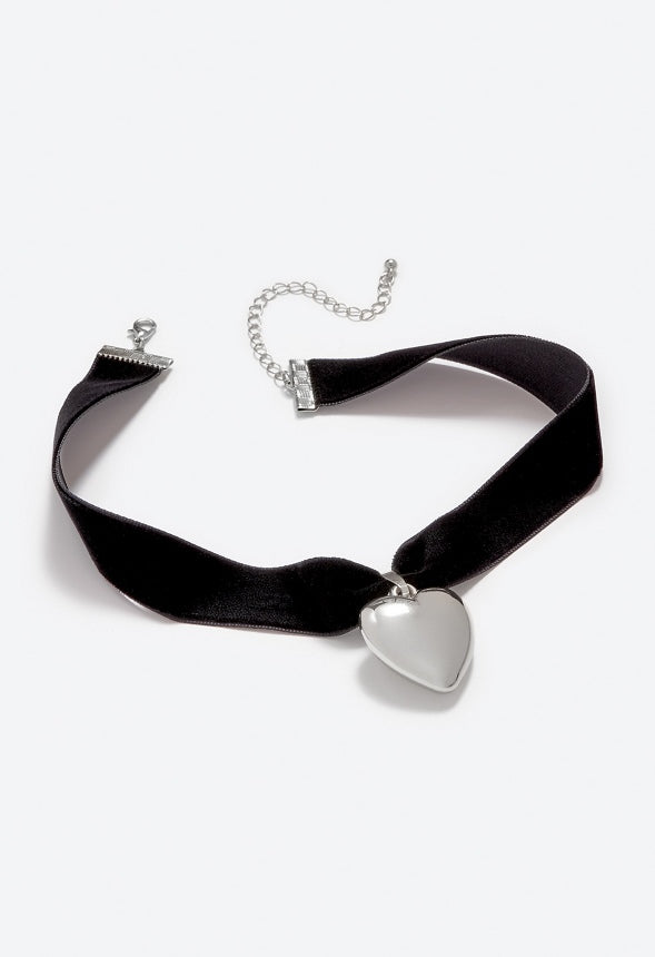 Myra Velvet Choker With Smooth Heart Silver/ Black