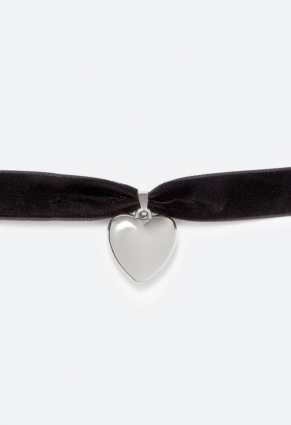 Myra Velvet Choker With Smooth Heart Silver/ Black