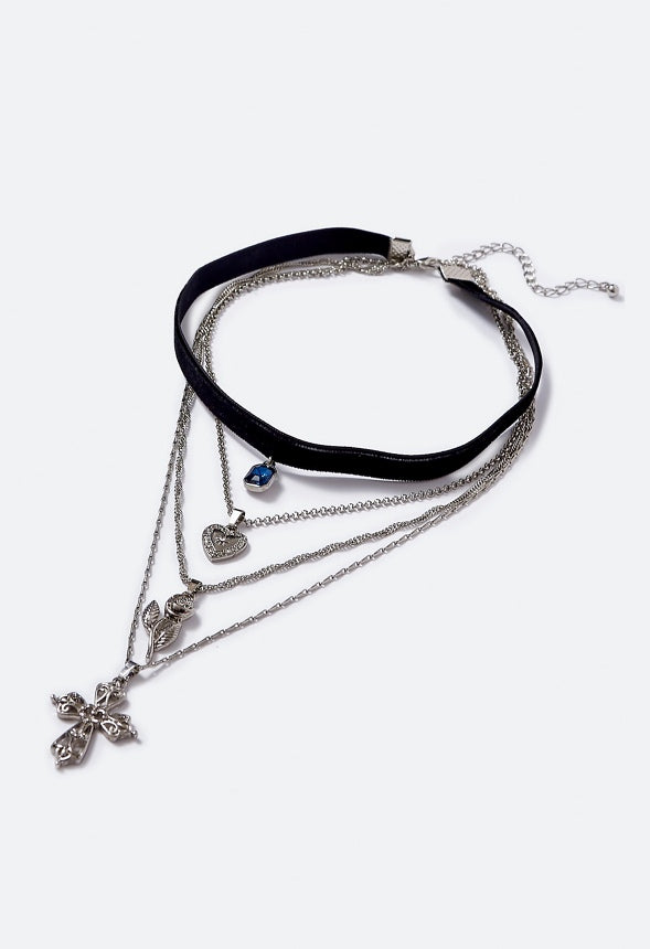 Ramona Pretty Gothic Charms Layer Necklace Black/ Silver