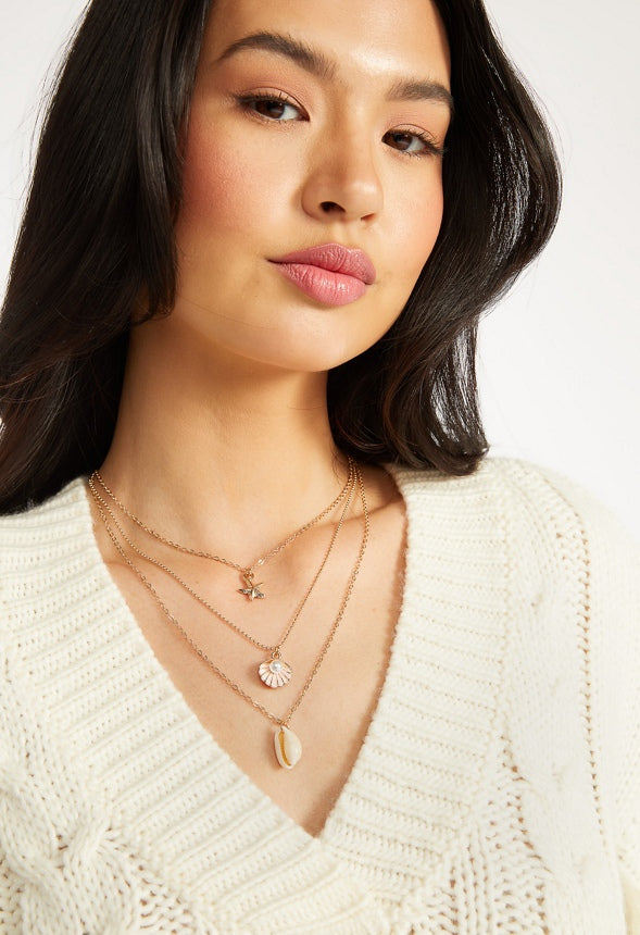 3-Rows Zoya Shell And Starfish Necklace With Pearl Cream/ Gold