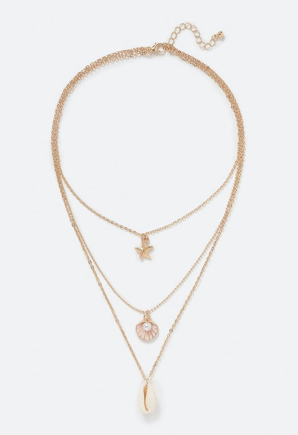 3-Rows Zoya Shell And Starfish Necklace With Pearl Cream/ Gold