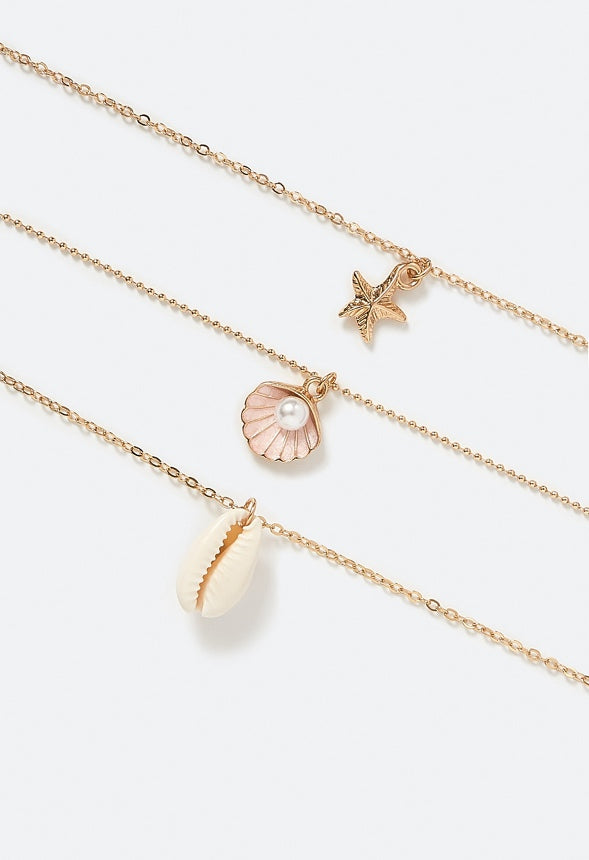 3-Rows Zoya Shell And Starfish Necklace With Pearl Cream/ Gold