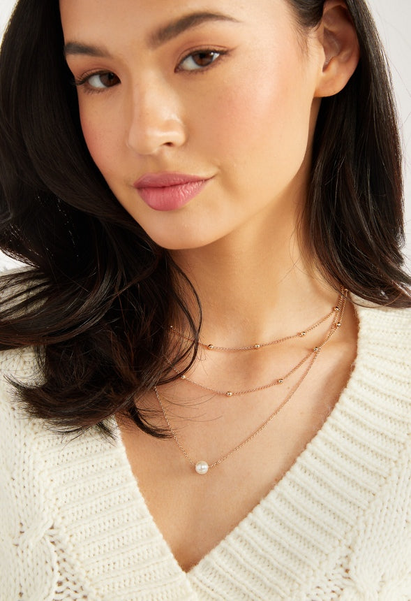 3-Rows Elyse Ball Chain Necklace With Pearl Detail Cream/ Gold
