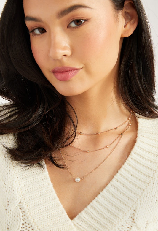 3-Rows Elyse Ball Chain Necklace With Pearl Detail Cream/ Gold