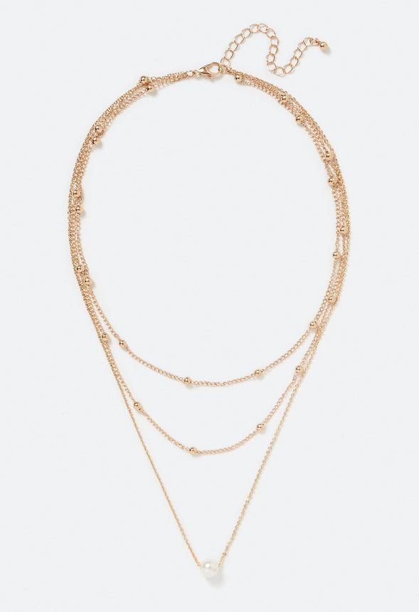 3-Rows Elyse Ball Chain Necklace With Pearl Detail Cream/ Gold