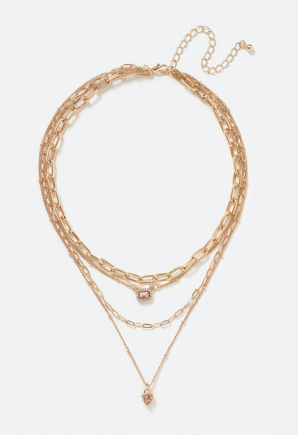 4-Rows Kia Glass Stones Layered Necklace Peach/ Gold