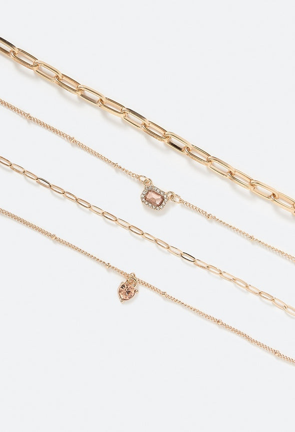 4-Rows Kia Glass Stones Layered Necklace Peach/ Gold