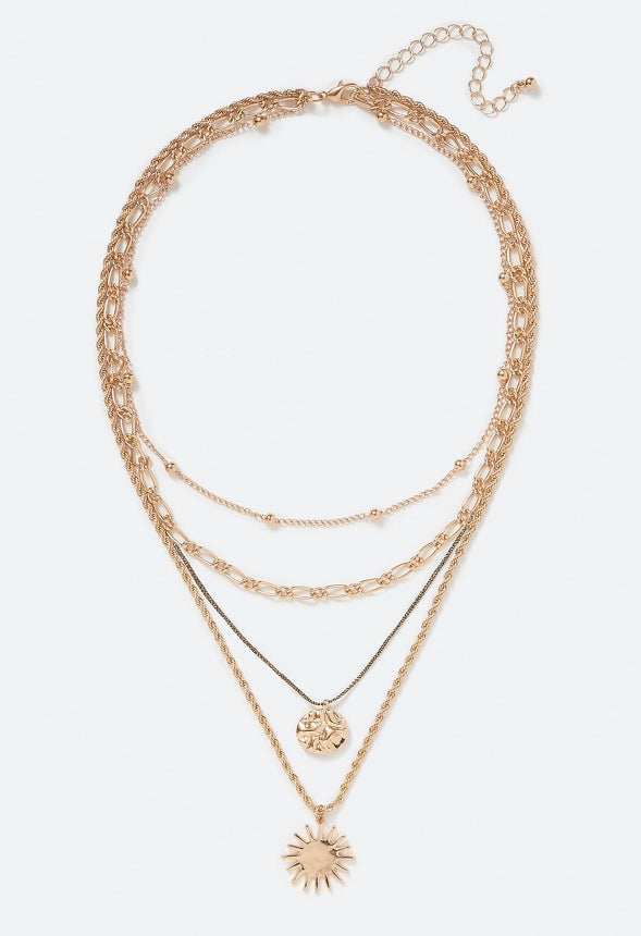 4-Rows Sky Fine Layer Neclace with Sun Charm Brown/ Gold