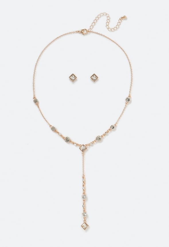 Ely Glass Stone Earrings and Y-Necklace Set Crystal/ Gold
