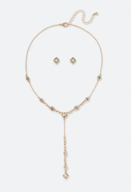 Ely Glass Stone Earrings and Y-Necklace Set Crystal/ Gold